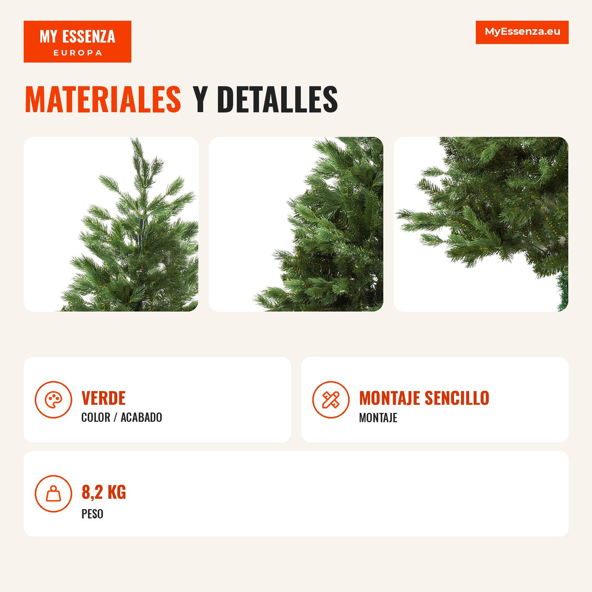 Artificial Christmas Tree with Foldable Base 934 Branches PE Trident and PVC Decorative Tree Indoor Outdoor Ø105x210cm G — Infografia ES (materiais e detalhes)