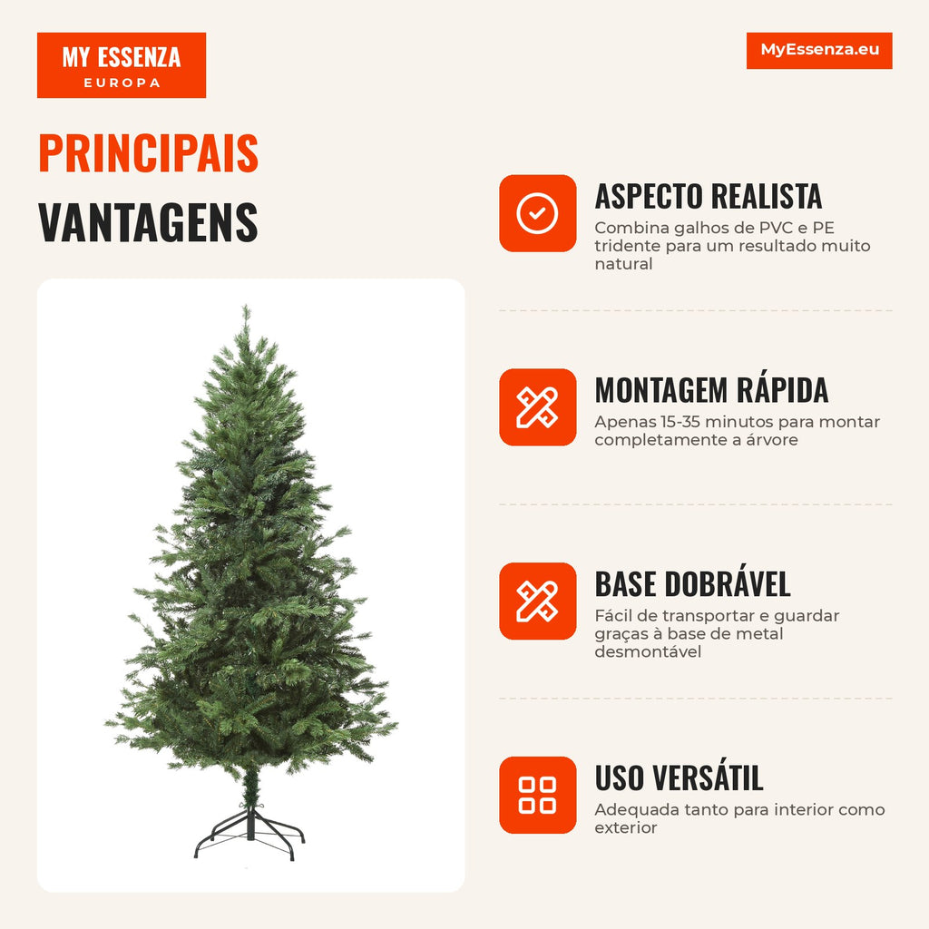 150cm Artificial Christmas Tree with Foldable Base 440 PE Trident and PVC Tips Decorative Indoor Outdoor Tree Ø75x150cm  — Infografia PT (vantagens)