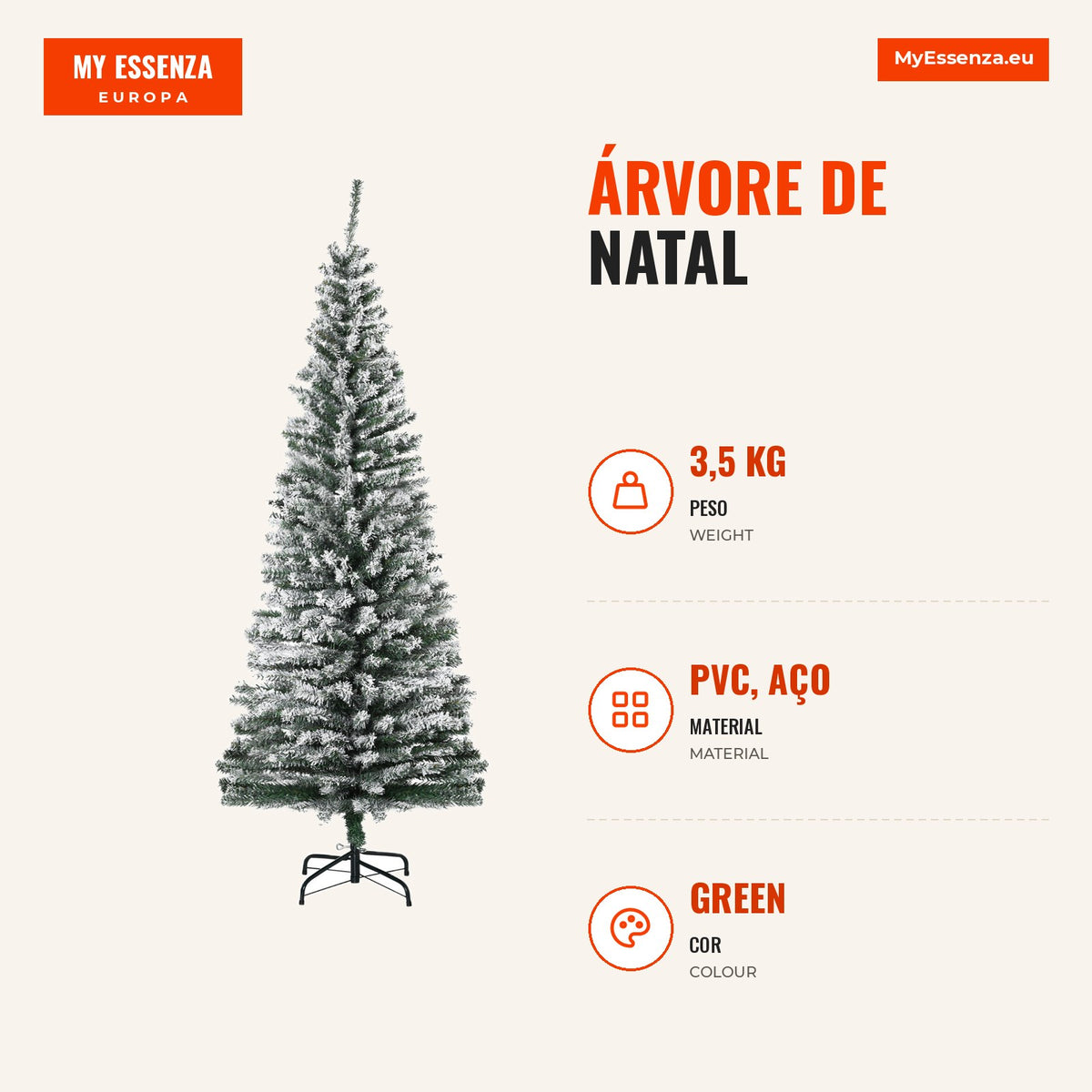 180 cm Snowed Artificial Christmas Tree with 492 Branches and Metal Stand, Green and White — Infografia PT (medidas)