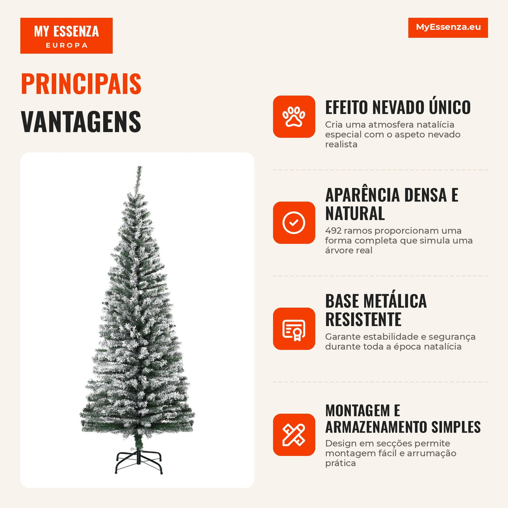 180 cm Snowed Artificial Christmas Tree with 492 Branches and Metal Stand, Green and White — Infografia PT (vantagens)