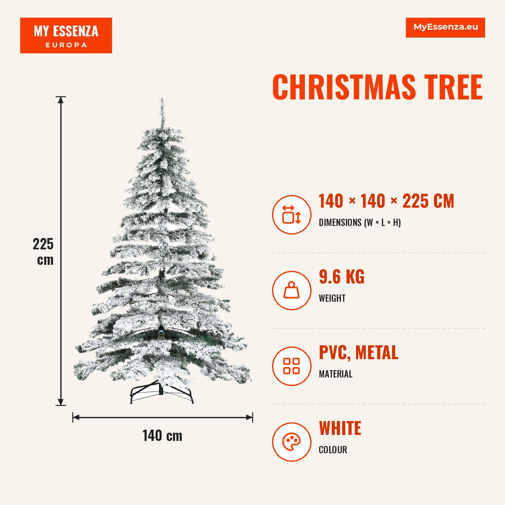 Christmas Tree Ø140x225cm Artificial Snow with 1083 PVC Tips Foldable Base and Metal Support Indoor Decoration Green and — Infografia EN (medidas)