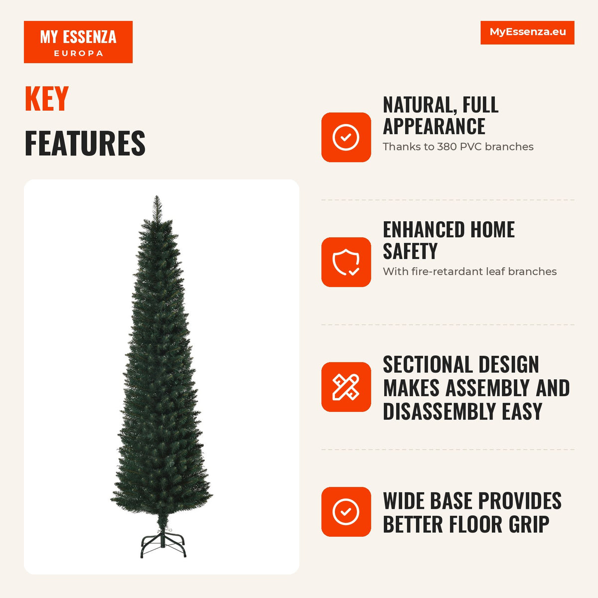Artificial Christmas Tree 180cm Height with 380 Fire-retardant PVC Branches Foldable Base Metal Support Indoor Decoratio — Infografia EN (vantagens)
