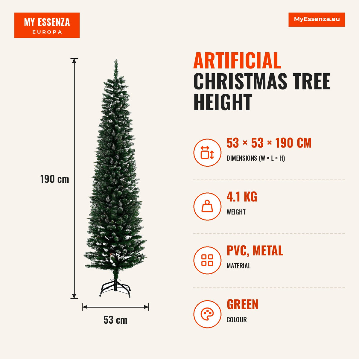 Artificial Christmas Tree Height 190 cm with 570 Flame-Retardant PVC Branches Foldable Base and Metal Stand Indoor Chris — Infografia EN (medidas)