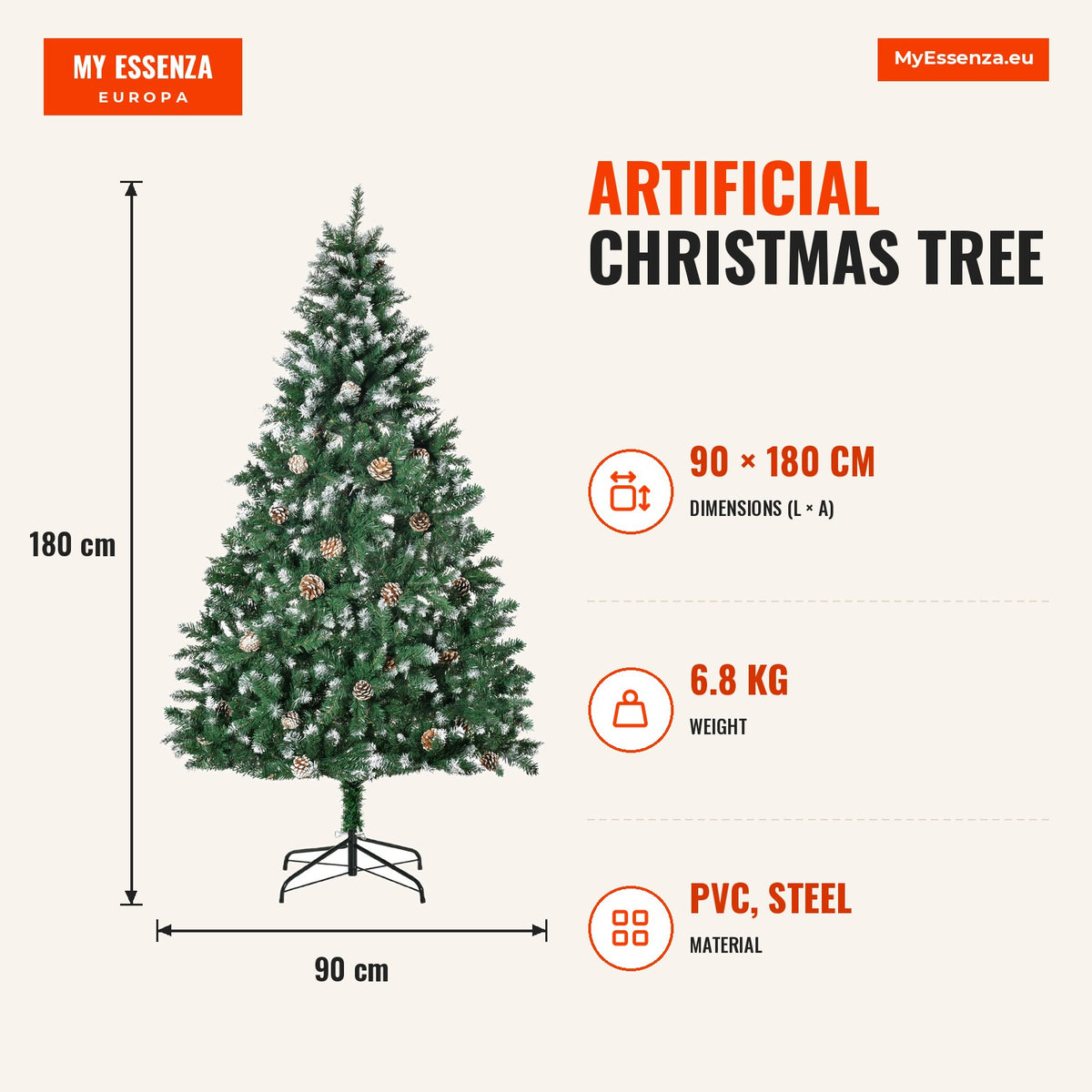 Artificial Christmas Tree Ø90x180cm with 1111 PVC Branches and 59 Pinecones Foldable Base and Steel Stand Indoor Christm — Infografia EN (medidas)