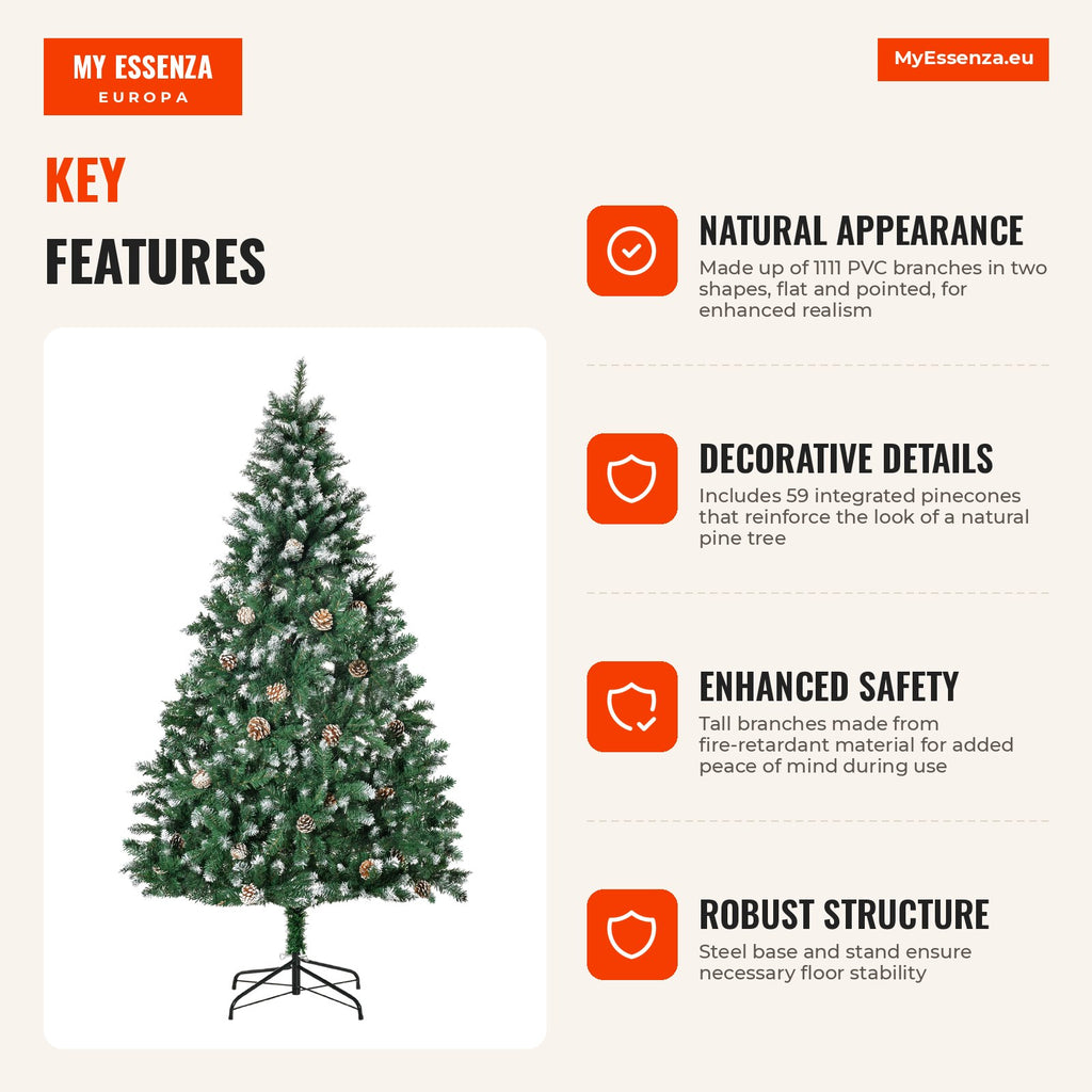 Artificial Christmas Tree Ø90x180cm with 1111 PVC Branches and 59 Pinecones Foldable Base and Steel Stand Indoor Christm — Infografia EN (vantagens)