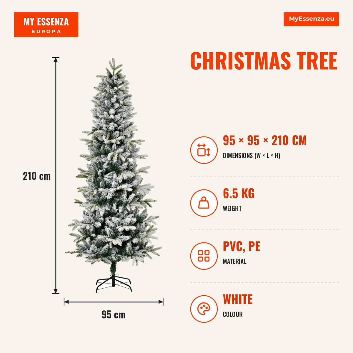 Christmas Tree Ø95x210cm Artificial Snow with 784 Flame-Retardant Branch Tips and Steel Stand Indoor Decoration Green an — Infografia EN (medidas)
