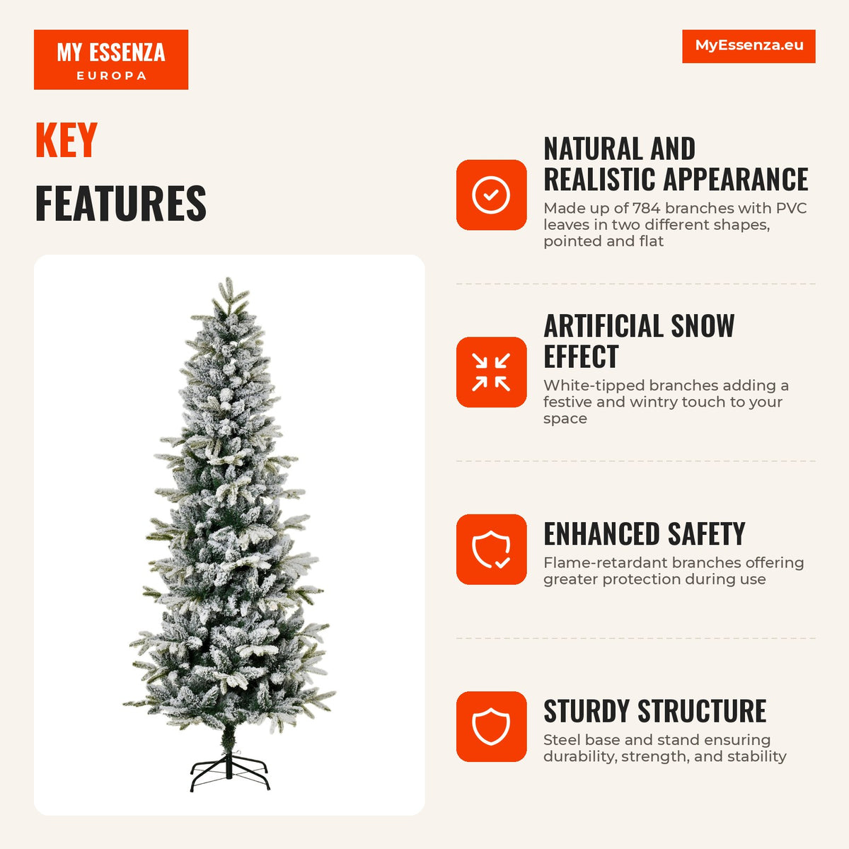 Christmas Tree Ø95x210cm Artificial Snow with 784 Flame-Retardant Branch Tips and Steel Stand Indoor Decoration Green an — Infografia EN (vantagens)
