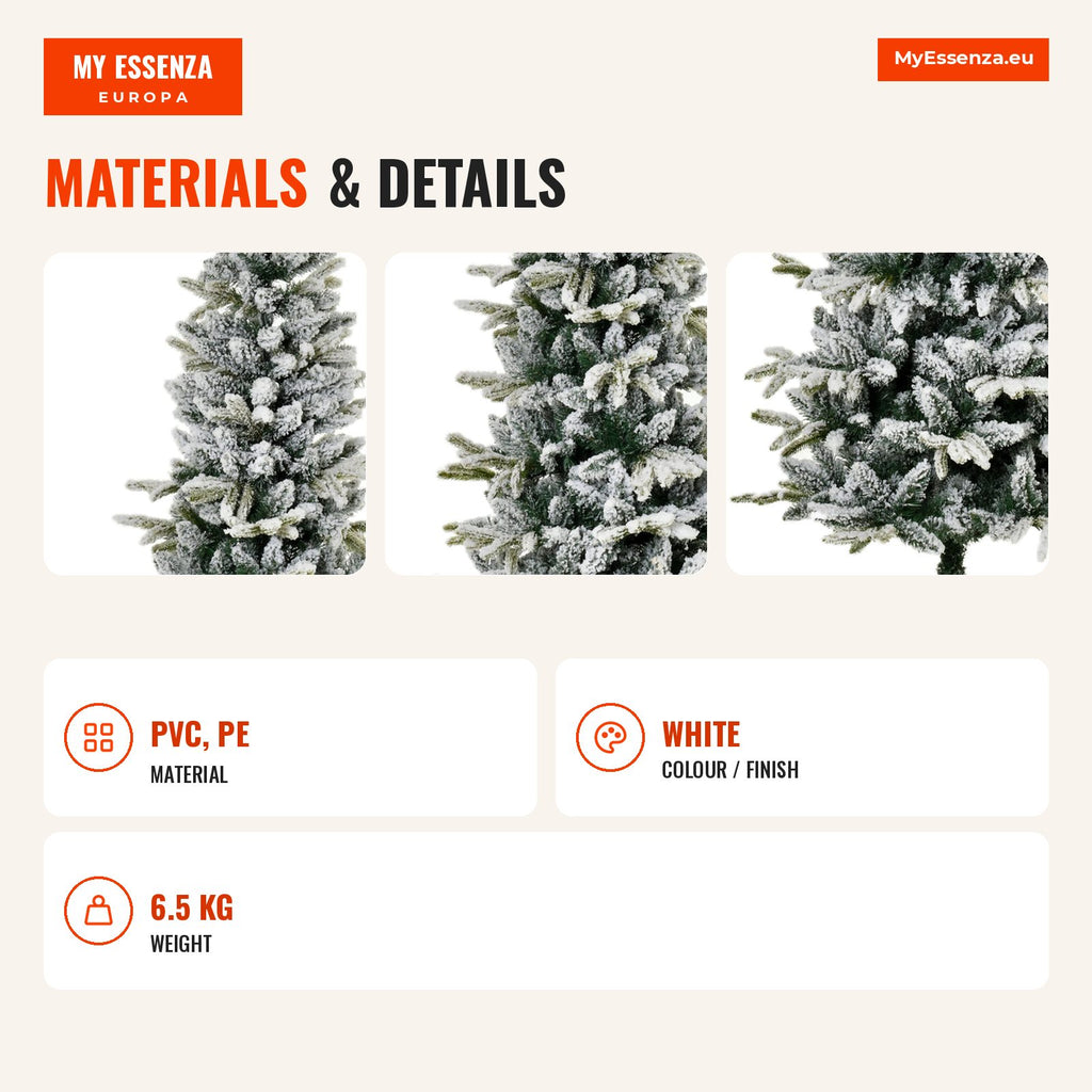 Christmas Tree Ø95x210cm Artificial Snow with 784 Flame-Retardant Branch Tips and Steel Stand Indoor Decoration Green an — Infografia EN (materiais e detalhes)