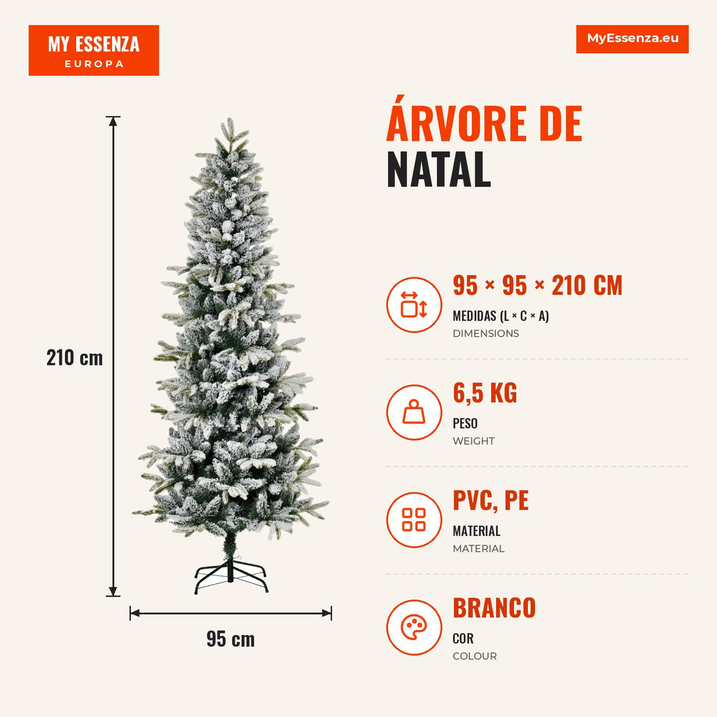 Christmas Tree Ø95x210cm Artificial Snow with 784 Flame-Retardant Branch Tips and Steel Stand Indoor Decoration Green an — Infografia PT (medidas)