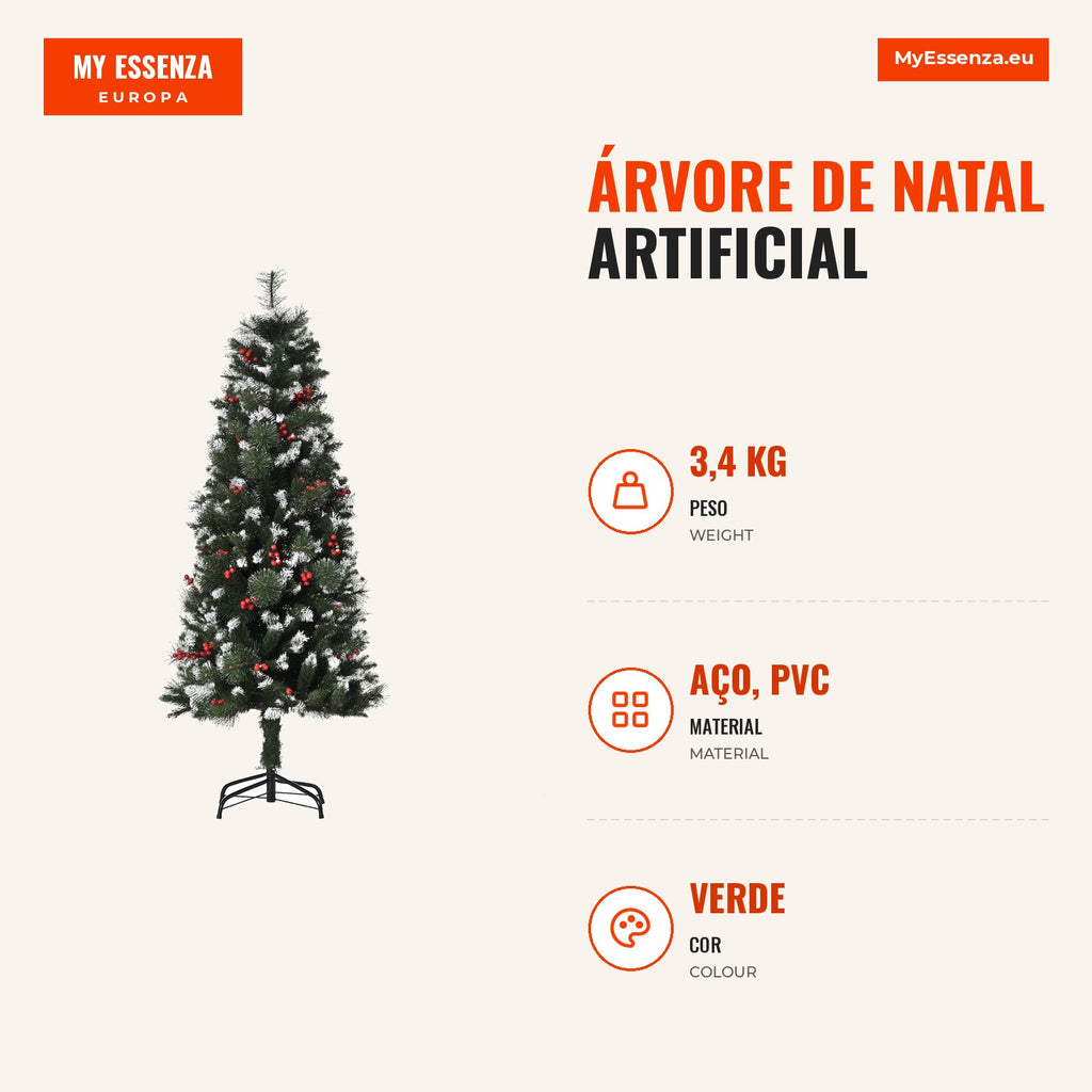 150cm Artificial Christmas Tree Fire-Resistant with 360 Branches 38 Berries PVC Leaves Foldable Base and Metal Stand Ind — Infografia PT (medidas)