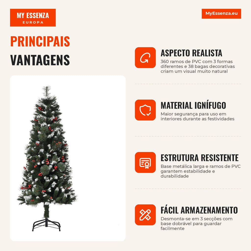 150cm Artificial Christmas Tree Fire-Resistant with 360 Branches 38 Berries PVC Leaves Foldable Base and Metal Stand Ind — Infografia PT (vantagens)