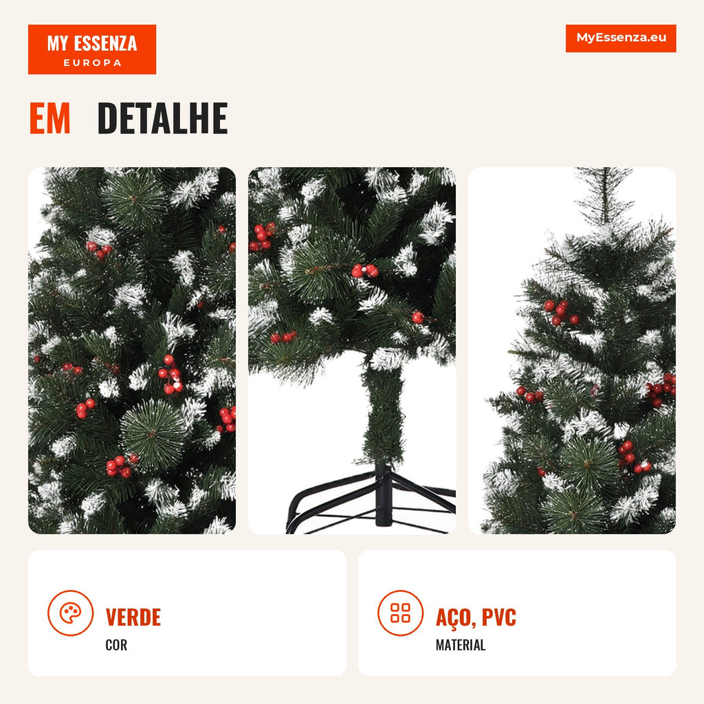 150cm Artificial Christmas Tree Fire-Resistant with 360 Branches 38 Berries PVC Leaves Foldable Base and Metal Stand Ind — Infografia PT (detalhe)