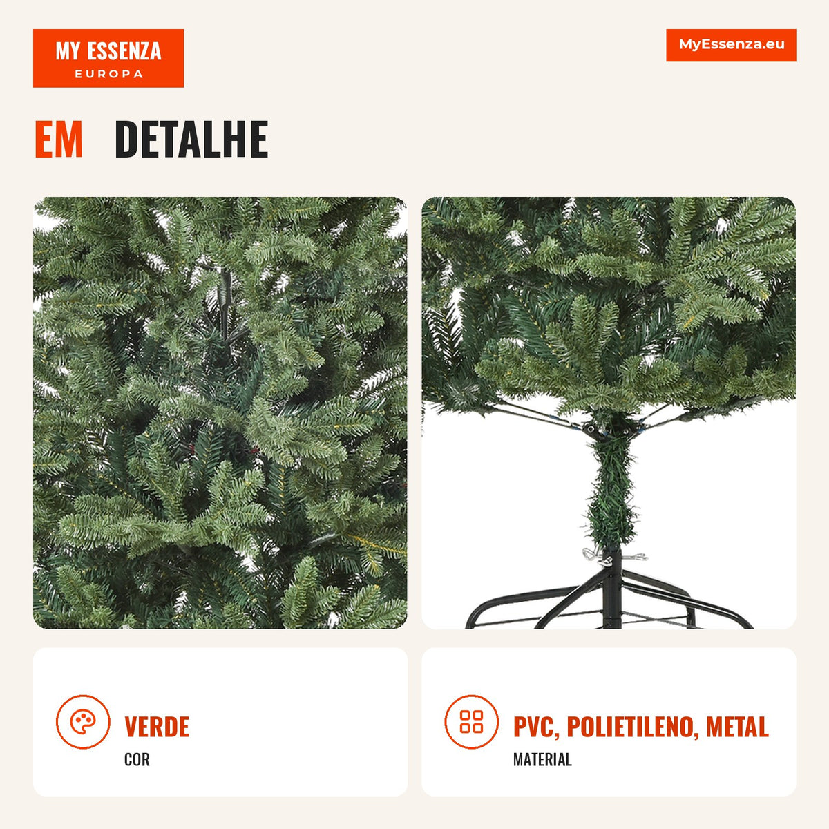 Árvore de Natal Artificial 150 cm, pinheiro artificial com 444 pontas, 3 formatos de folhas, retardante de chamas, com s — Infografia PT (detalhe)