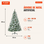 Artificial Christmas Tree 180cm with 800 Branches and 61 Pinecones Snow Effect Foldable Base and Metal Support for Indoo — Infografia PT (medidas)