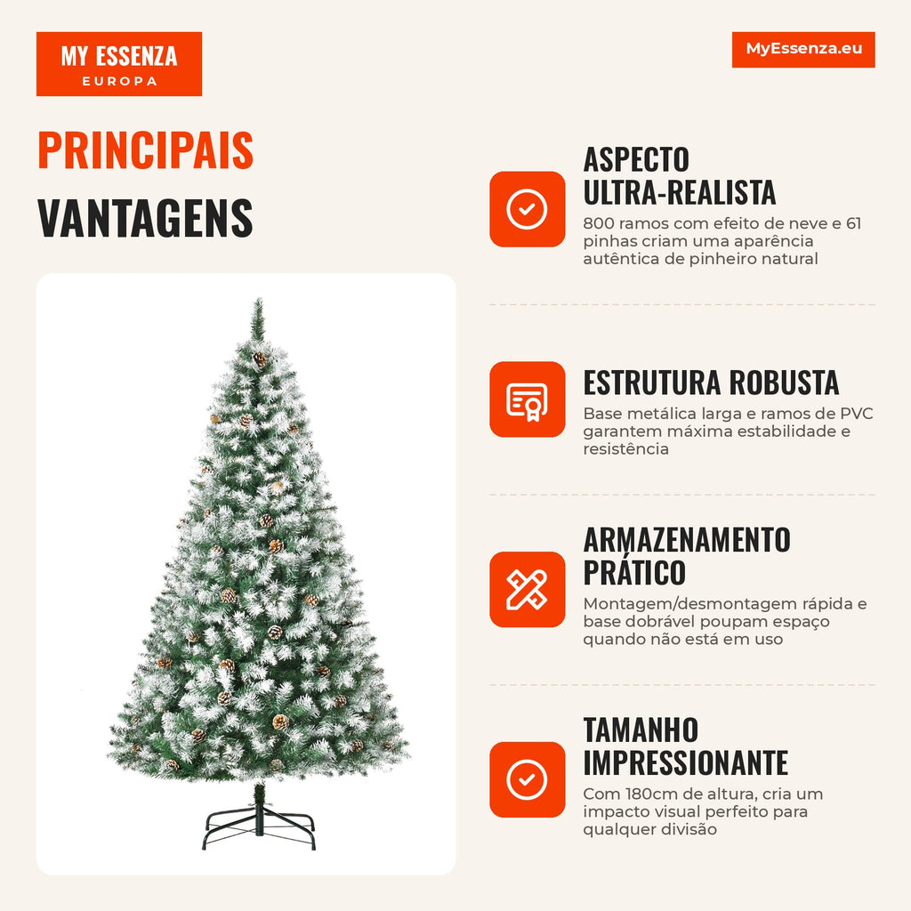 Artificial Christmas Tree 180cm with 800 Branches and 61 Pinecones Snow Effect Foldable Base and Metal Support for Indoo — Infografia PT (vantagens)