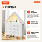 Calendário de Advento de Natal Madeira com 24 Gavetas e Luzes LED Decoração de Natal Modelo Casinha 39x9x42cm Branco — Infografia PT (em utilização)