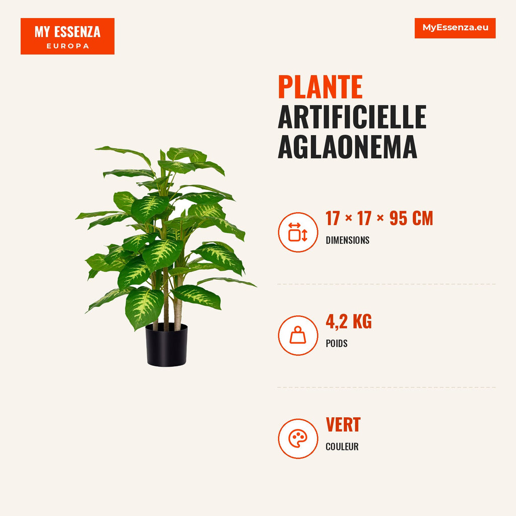 Artificial Aglaonema Plant 95cm with 42 Leaves and Cement Pot for Home & Office Decor — Infografia FR (medidas)