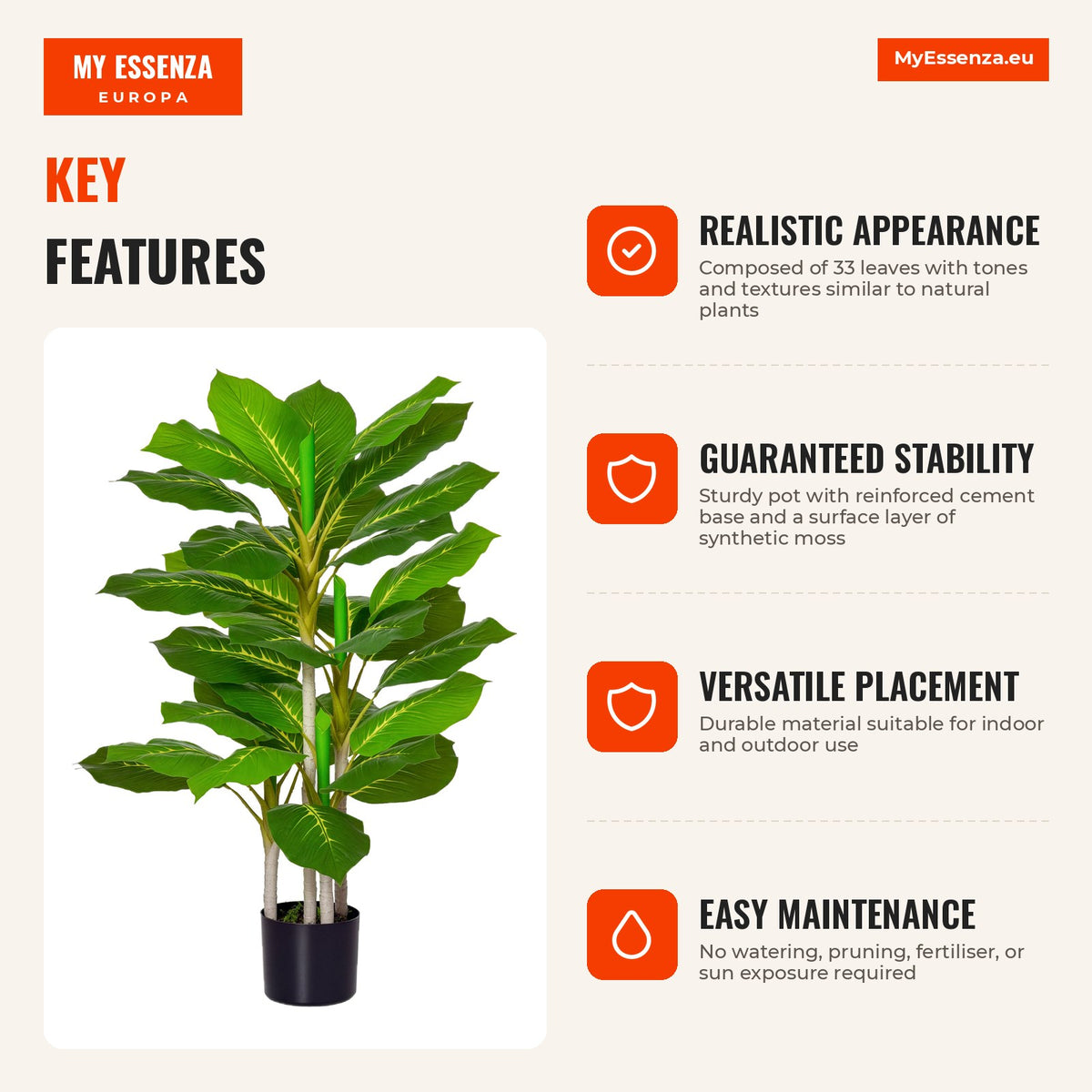 95cm Artificial Plant with 33 Realistic Leaves in Cement Pot Evergreen Imitation Plant for Indoor and Outdoor Decoration — Infografia EN (vantagens)