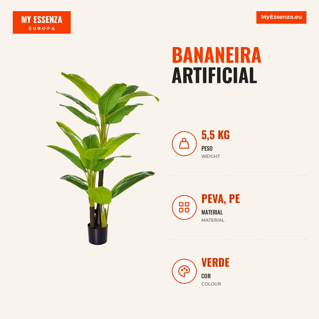 Artificial Banana Plant 150 cm with Pot and 18 Leaves for Home and Garden Decor — Infografia PT (medidas)