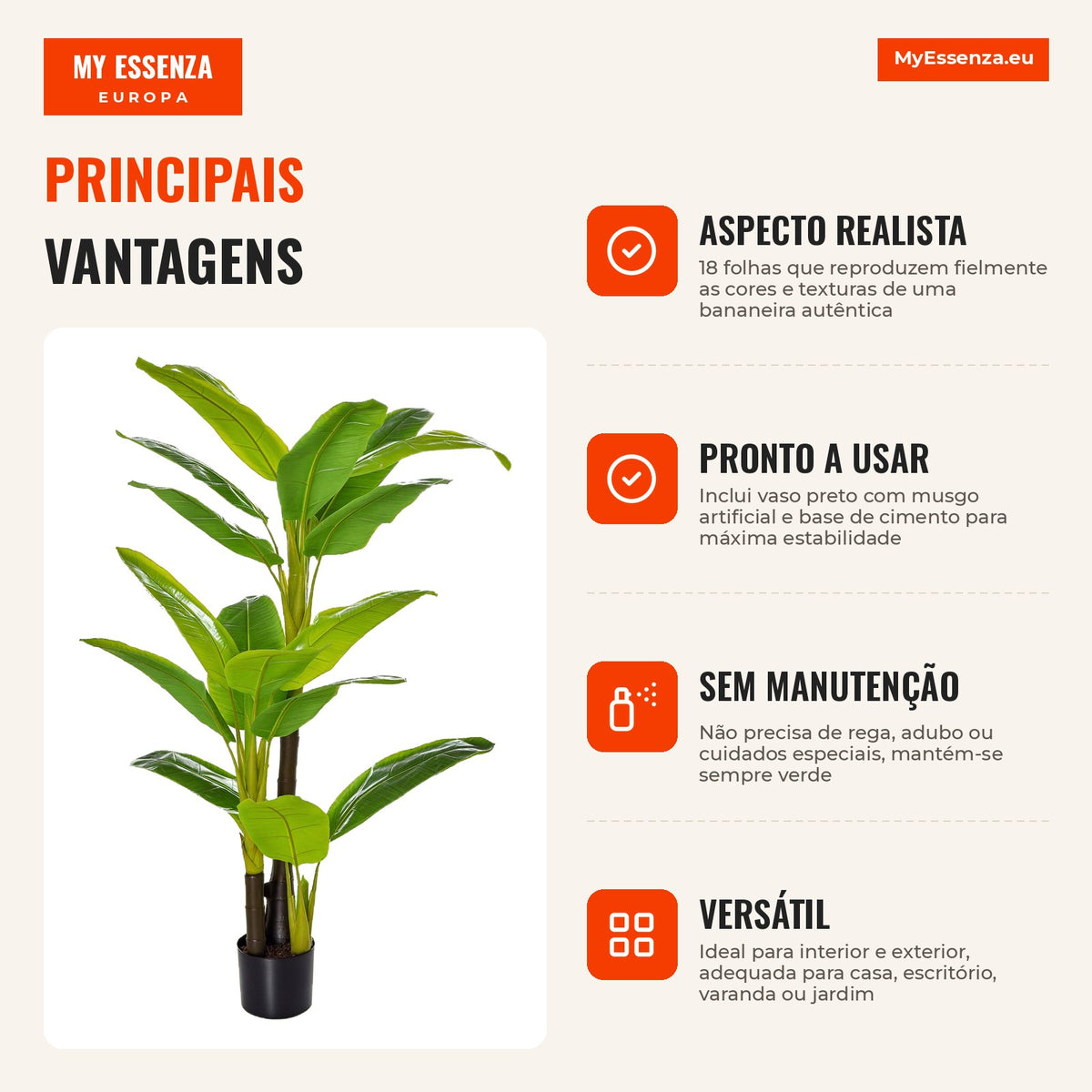 Artificial Banana Plant 150 cm with Pot and 18 Leaves for Home and Garden Decor — Infografia PT (vantagens)