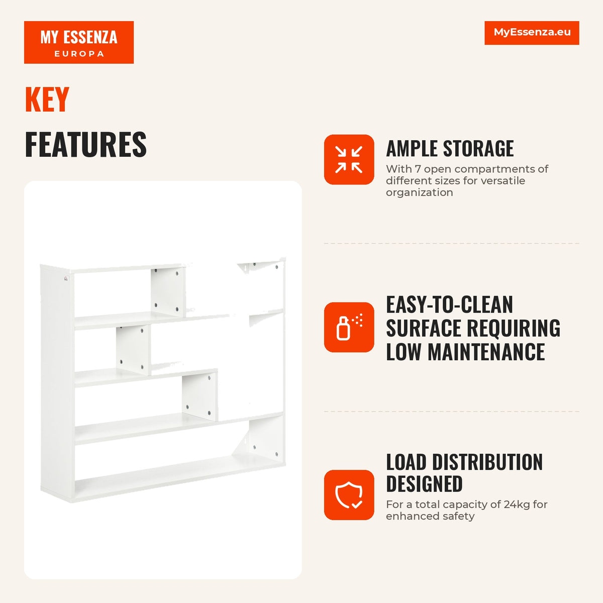 4-Level Wall Shelf with 7 Open Compartments for Living Room, Bedroom, Office, 94x19.5x80cm, White — Infografia EN (vantagens)