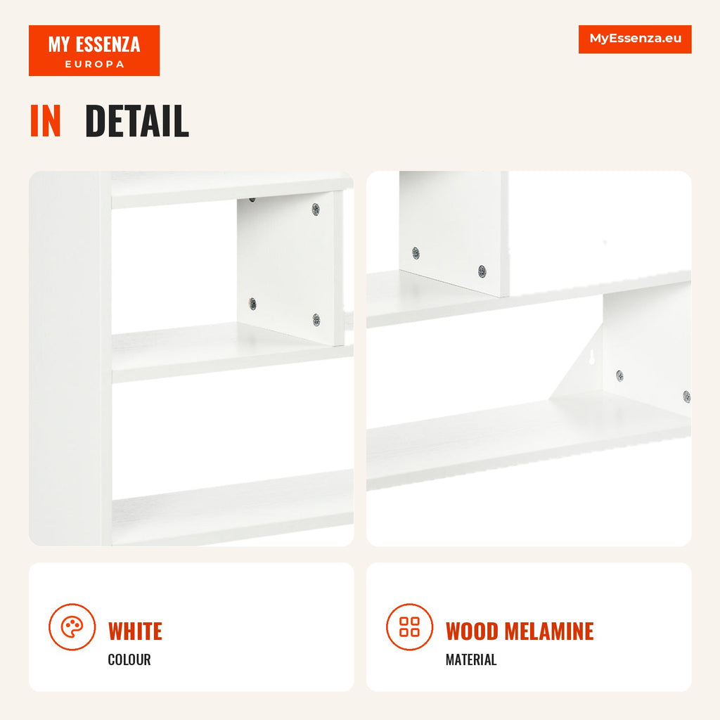 4-Level Wall Shelf with 7 Open Compartments for Living Room, Bedroom, Office, 94x19.5x80cm, White — Infografia EN (detalhe)