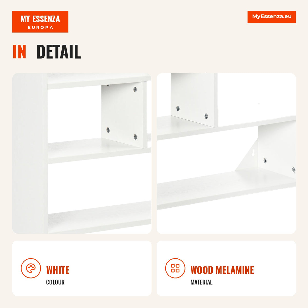 4-Level Wall Shelf with 7 Open Compartments for Living Room, Bedroom, Office, 94x19.5x80cm, White — Infografia EN (detalhe)