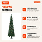 Artificial Christmas Tree 225 cm Christmas Tree with 706 Branches Slim Narrow Tree with 56 Cones Folding Base Ø58x225 cm — Infografia PT (vantagens)