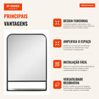 Espelho Decorativo de Parede 70x50cm Espelho Retangular de Metal com Prateleira de Armazenamento para Sala de Estar Dorm — Infografia PT (vantagens)