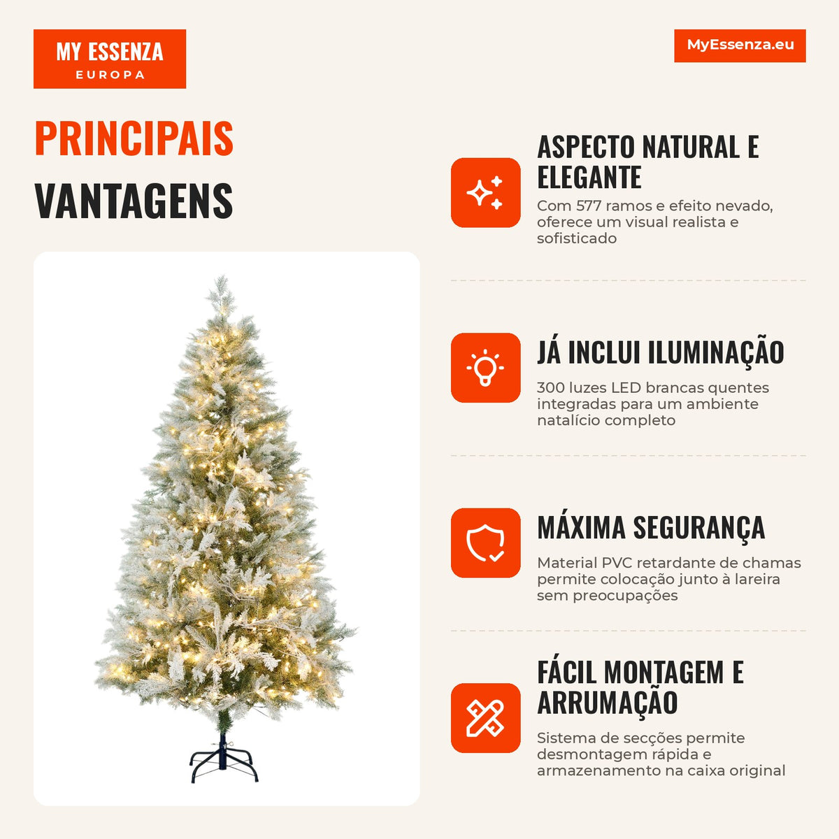 180 cm Artificial Christmas Tree with 300 Warm White LED Lights Snowy Tree with 577 Branches and Folding Base Indoor Chr — Infografia PT (vantagens)