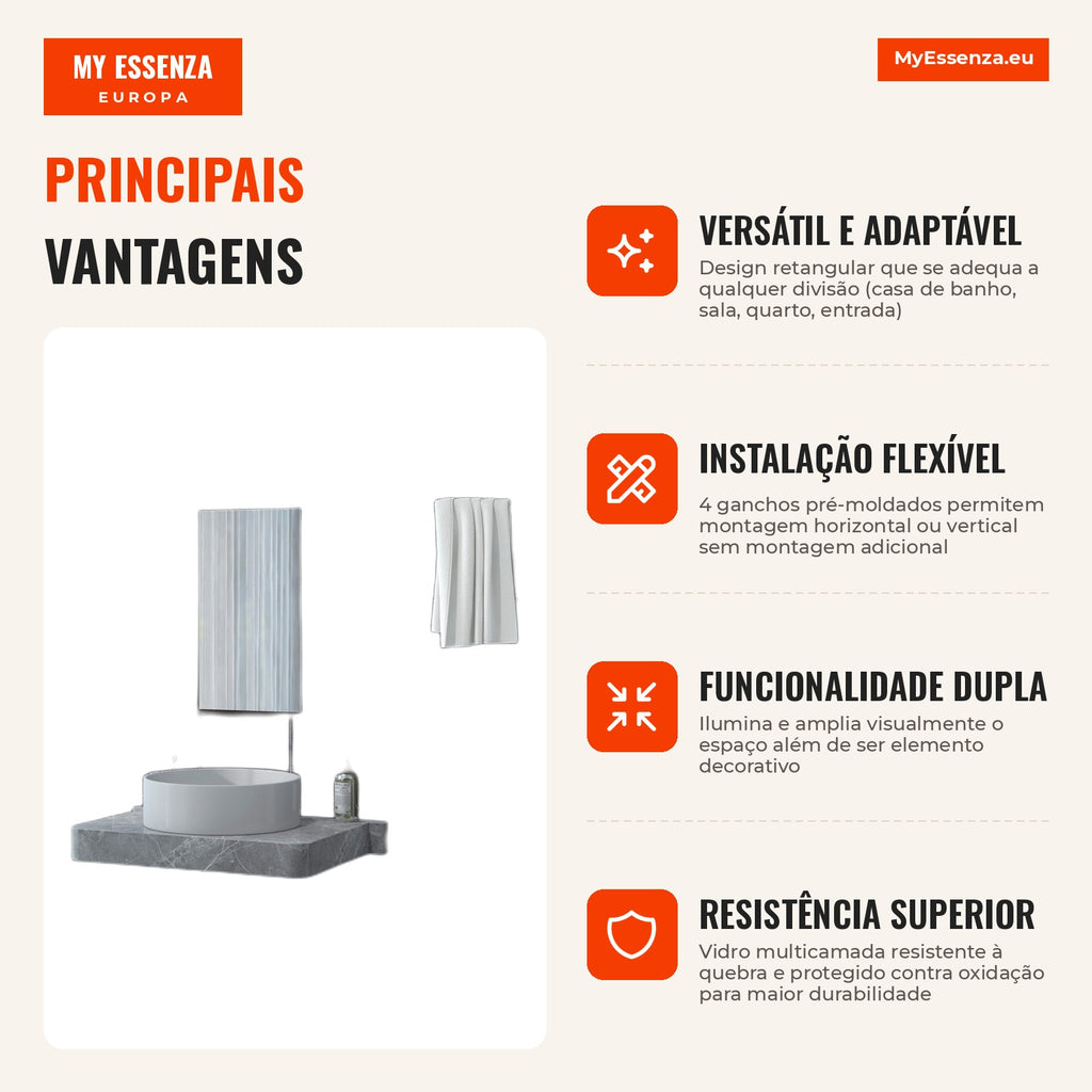 Espelho de Parede Decorativo 50x70 cm Espelho Retangular Espelho de Casa de Banho com 4 Ganchos Metálicos Estilo Moderno — Infografia PT (vantagens)