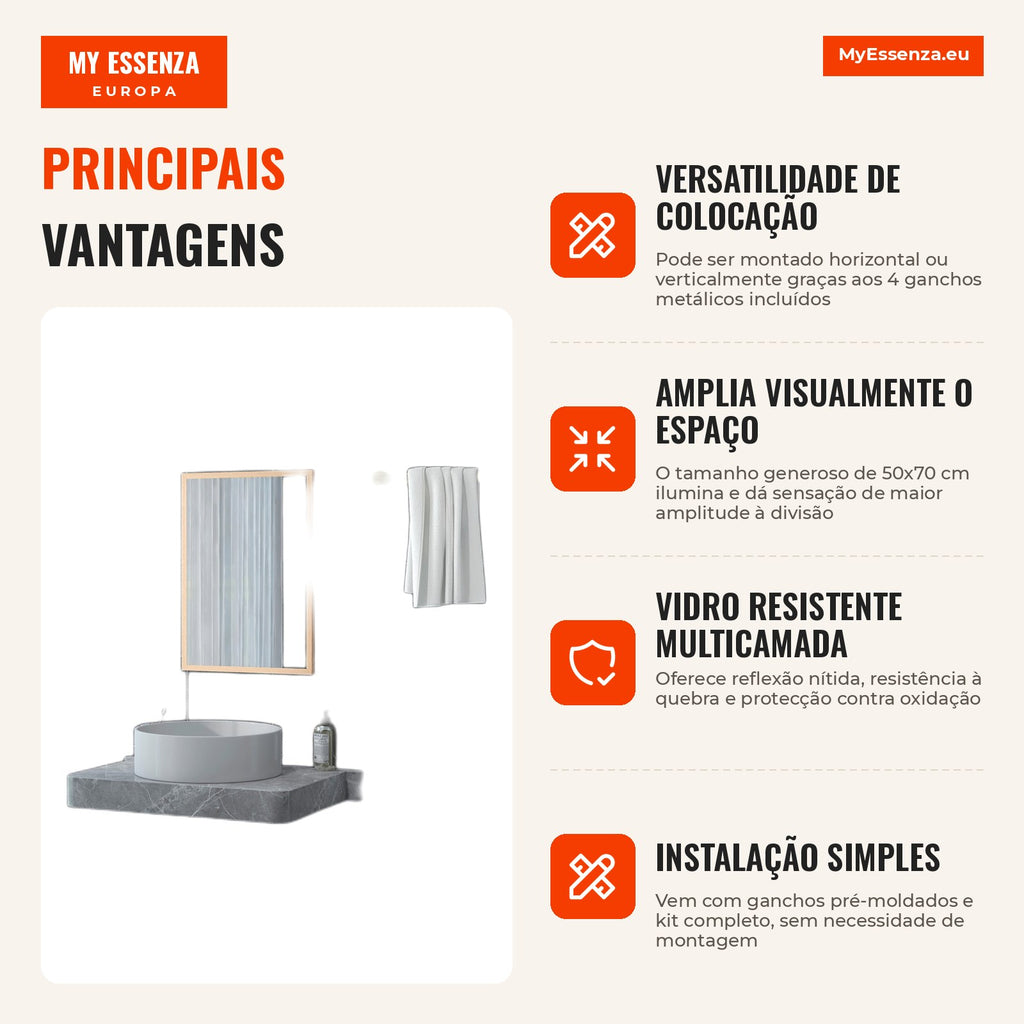 Espelho de Parede Decorativo 50x70 cm Espelho Retangular Espelho de Banheiro com 4 Ganchos Metálicos Estilo Moderno para — Infografia PT (vantagens)