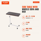 Side Table with Wheels Sofa and Bed Table Adjustable Height Steel Frame 77x40x76-100 cm Dark Walnut — Infografia EN (medidas)