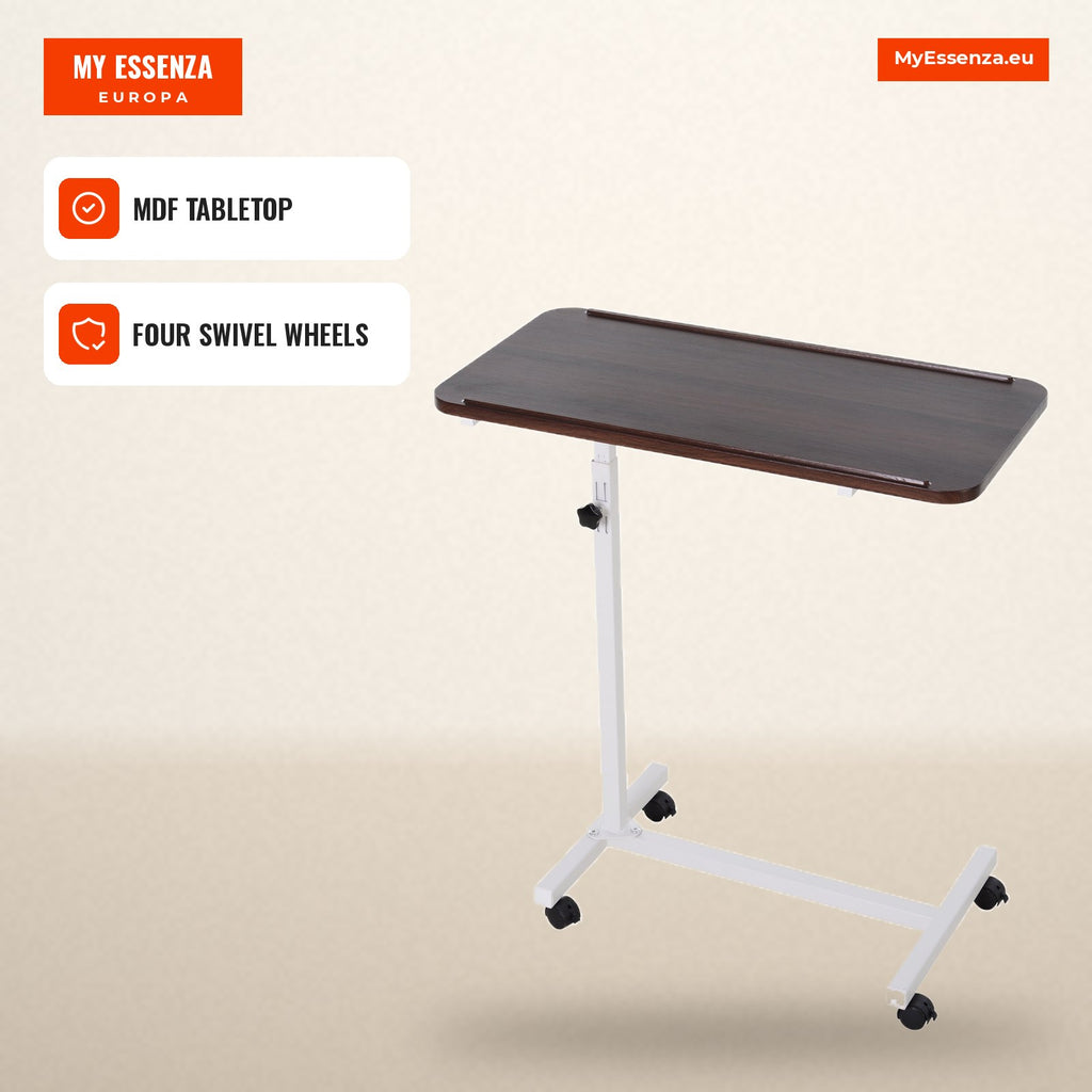 Side Table with Wheels Sofa and Bed Table Adjustable Height Steel Frame 77x40x76-100 cm Dark Walnut — Infografia EN (em uso)