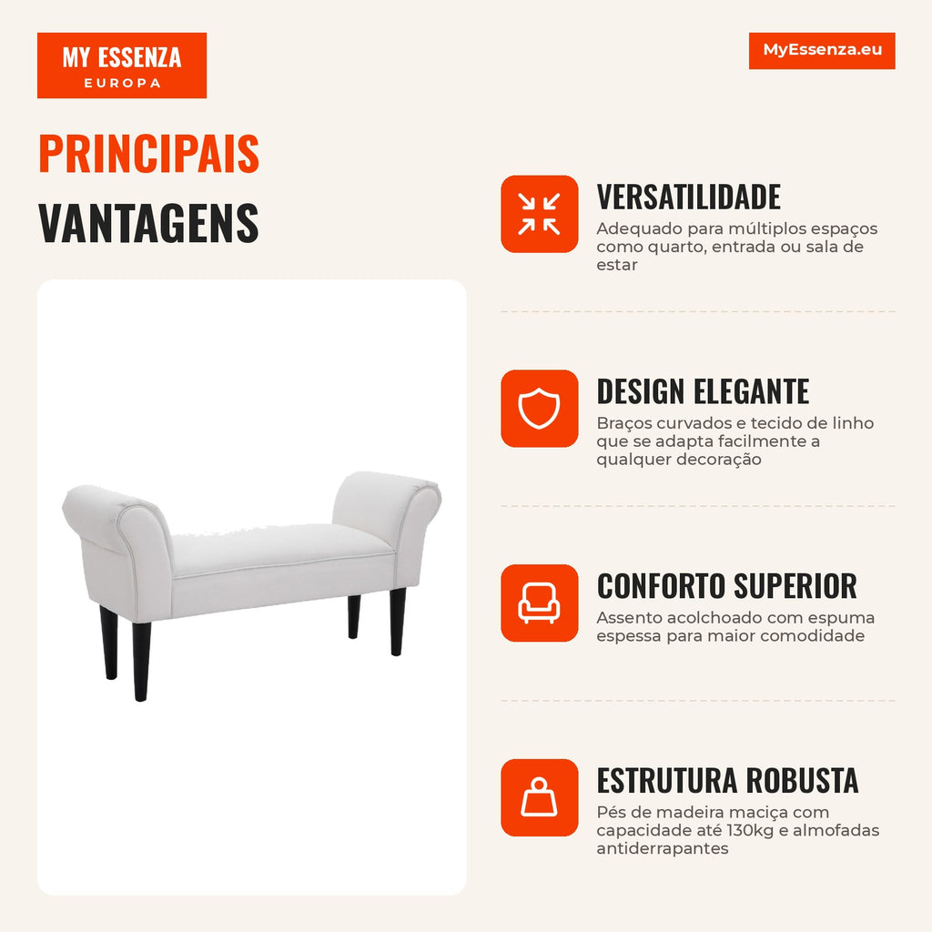 Bed End Bench with Curved Arms, Upholstered and Wooden Legs White 102x31x51cm — Infografia PT (vantagens)