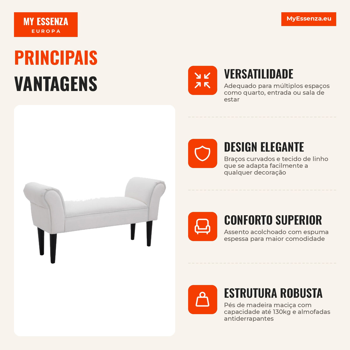 Bed End Bench with Curved Arms, Upholstered and Wooden Legs White 102x31x51cm — Infografia PT (vantagens)