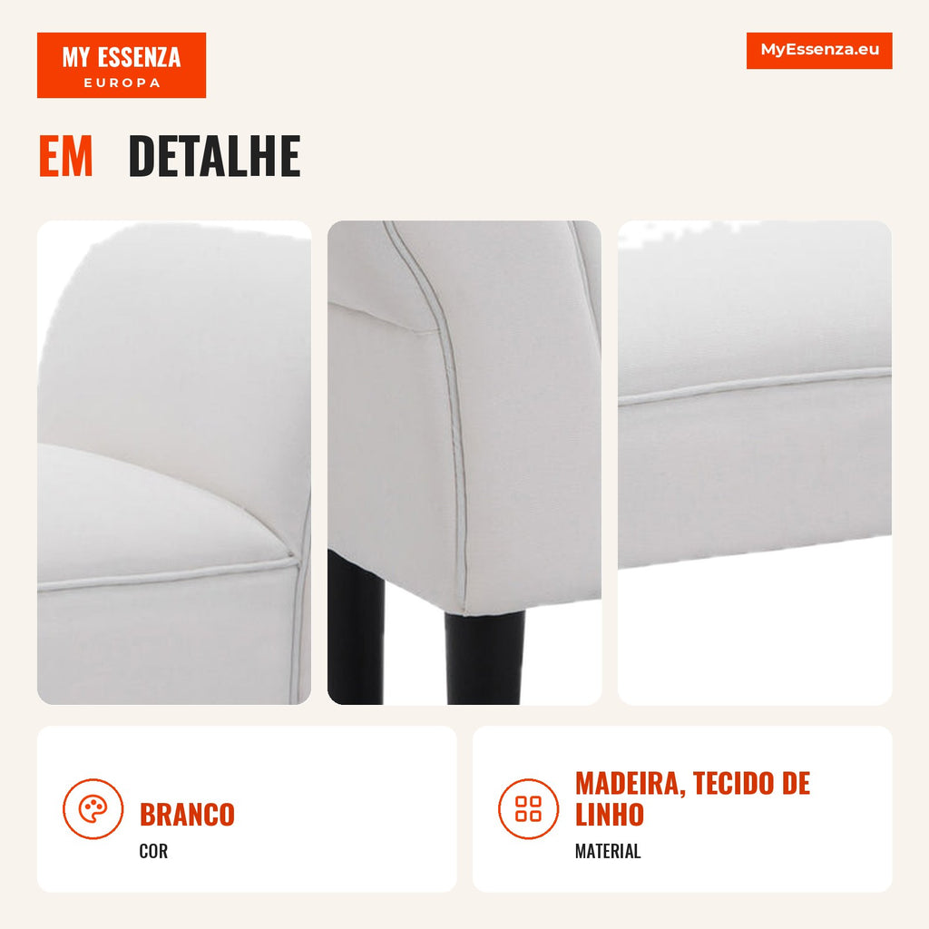 Bed End Bench with Curved Arms, Upholstered and Wooden Legs White 102x31x51cm — Infografia PT (detalhe)