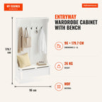 Entryway Wardrobe Cabinet with Bench 5 Hooks Storage 96x34x179.7cm Ivory — Infografia EN (medidas)