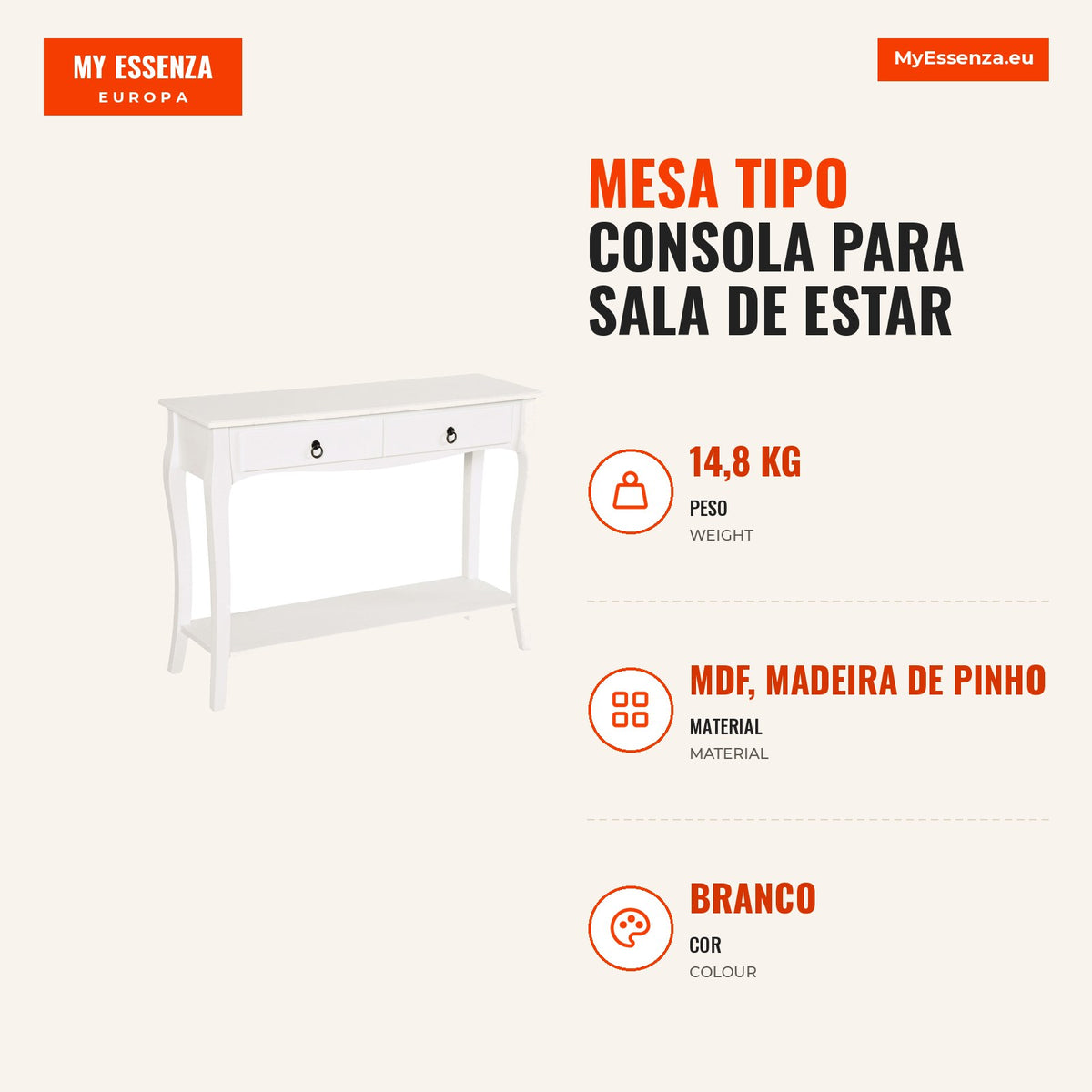 Console Table for Living Room with 2 Drawers and Bottom Shelf 100x33x75cm White — Infografia PT (medidas)
