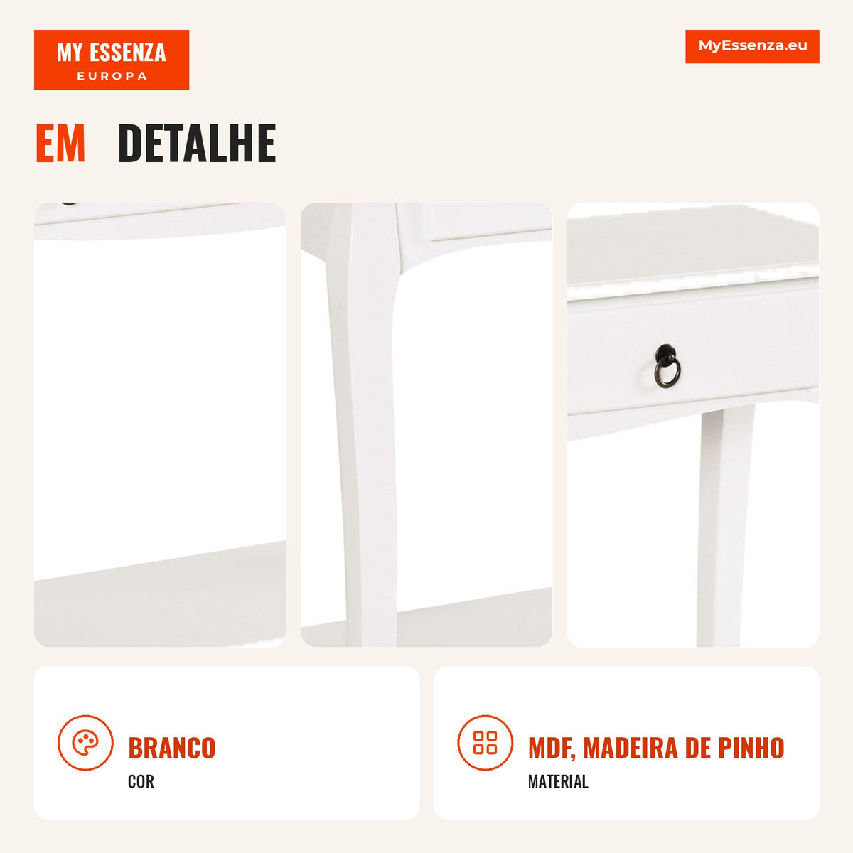 Console Table for Living Room with 2 Drawers and Bottom Shelf 100x33x75cm White — Infografia PT (detalhe)