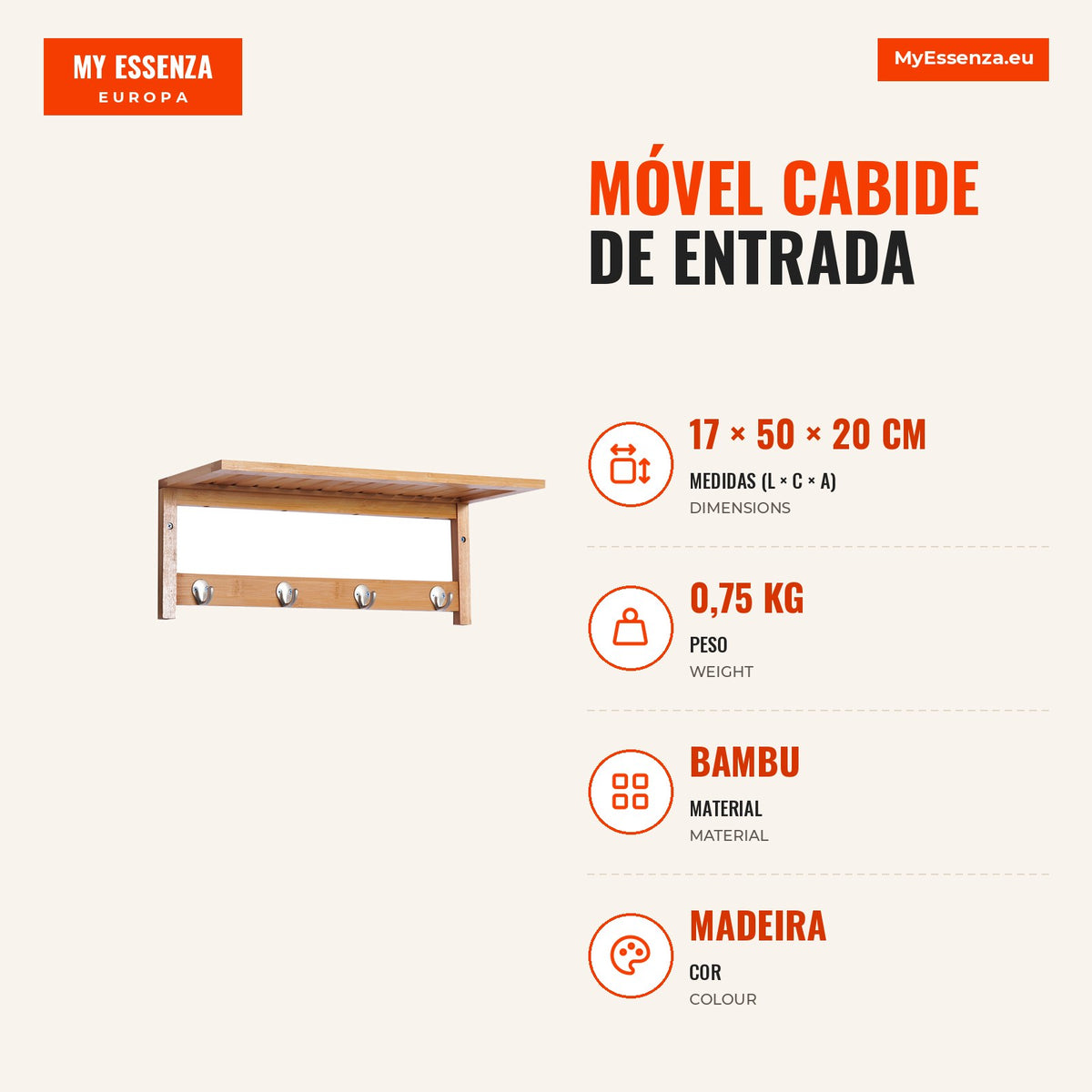 Entrance Coat Rack with 4 Bamboo Hooks 50x17x20cm HOMCOM — Infografia PT (medidas)