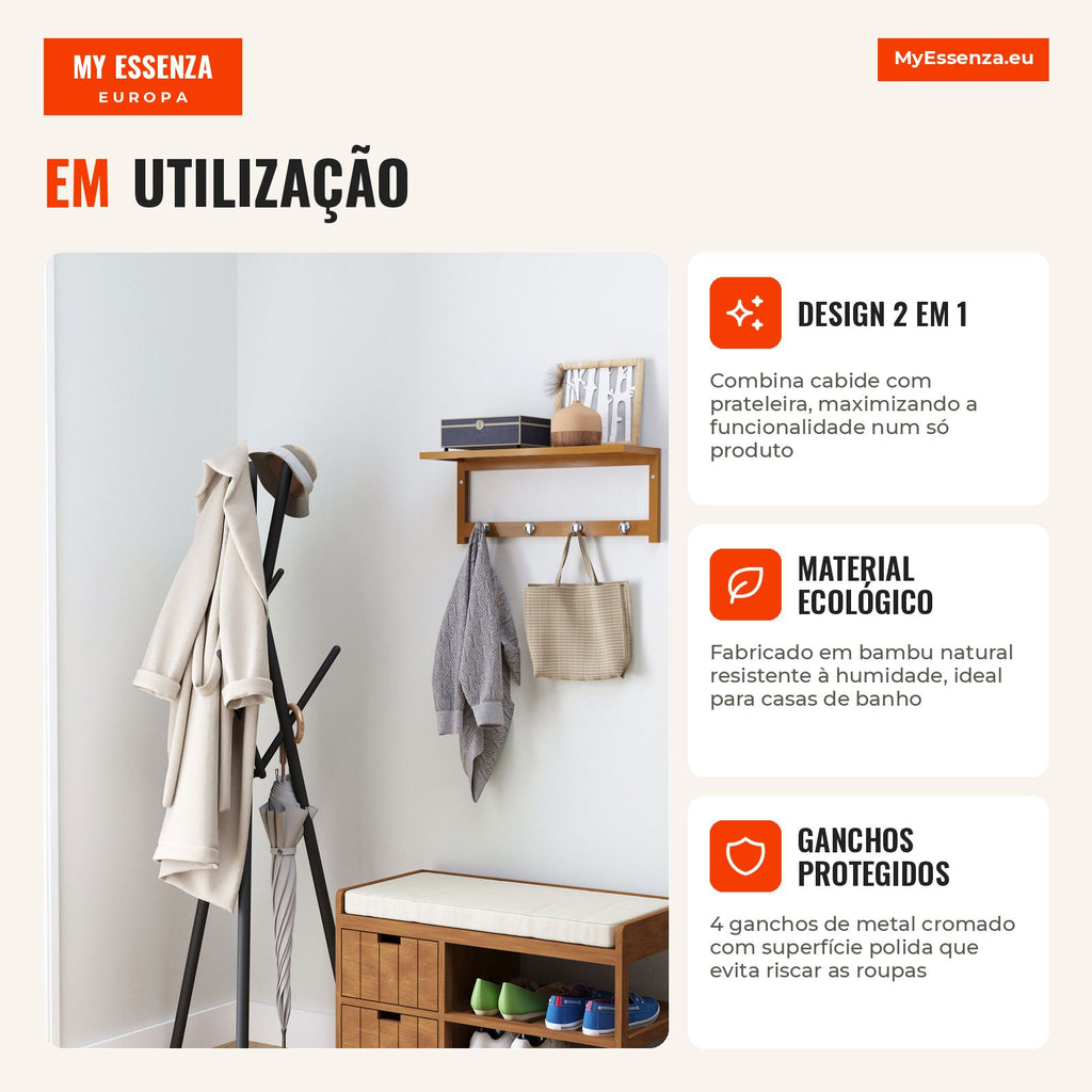 Entrance Coat Rack with 4 Bamboo Hooks 50x17x20cm HOMCOM — Infografia PT (detalhe)