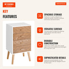Bedside Table with 4 Drawers Storage Table for Bedroom 40x30x75 cm White and Wood — Infografia EN (vantagens)