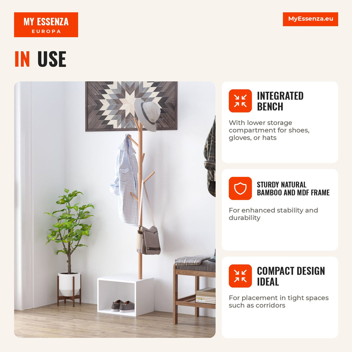 Porte-Manteau sur Pied avec Range-Chaussures Type Arbre Moderne 6 Crochets Banc avec Rangement Entrée Bambou 40x30x180cm — Infografia EN (em utilização)
