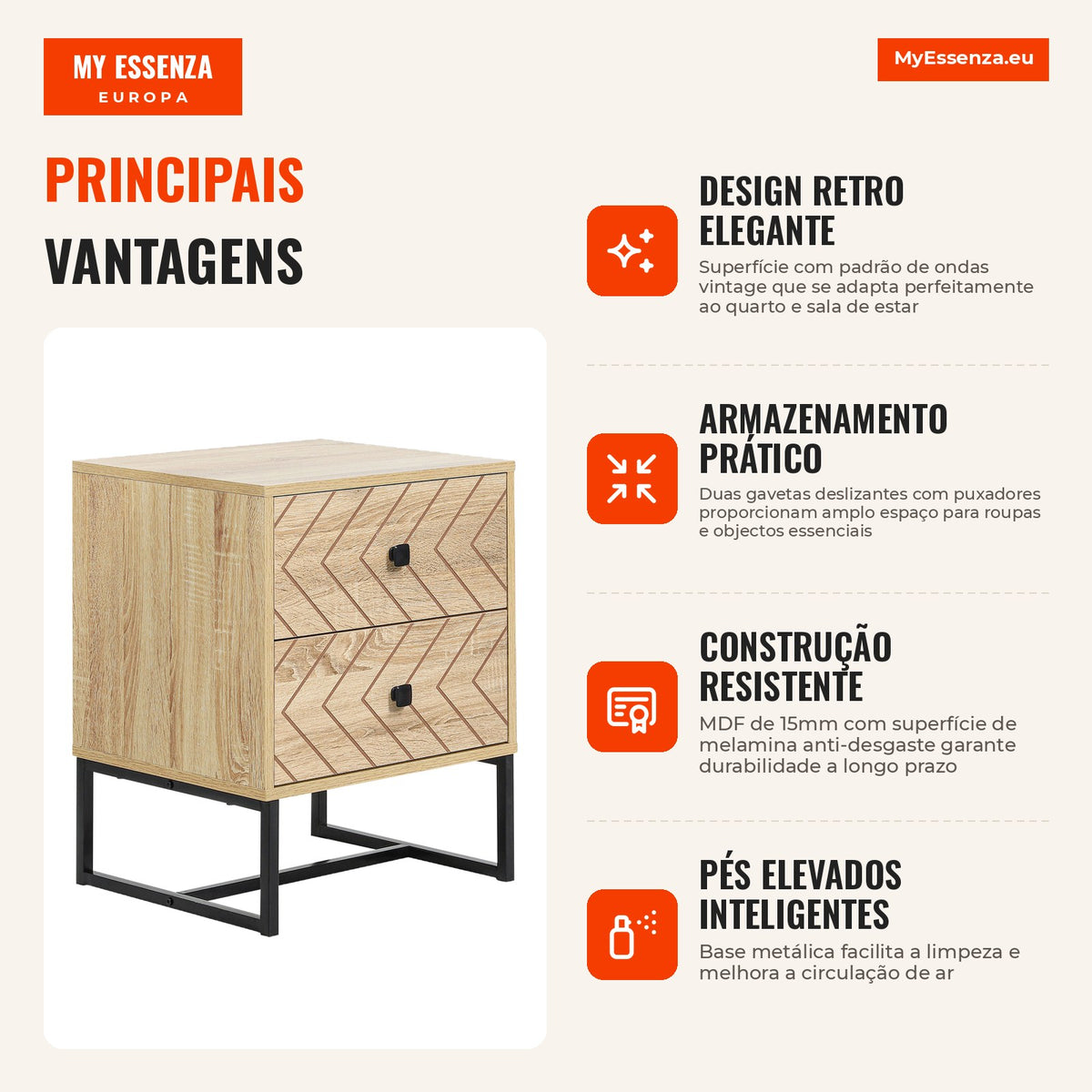 HOMCOM Wooden Bedside Table with 2 Drawers for Bedroom 48x39.5x60 cm — Infografia PT (vantagens)