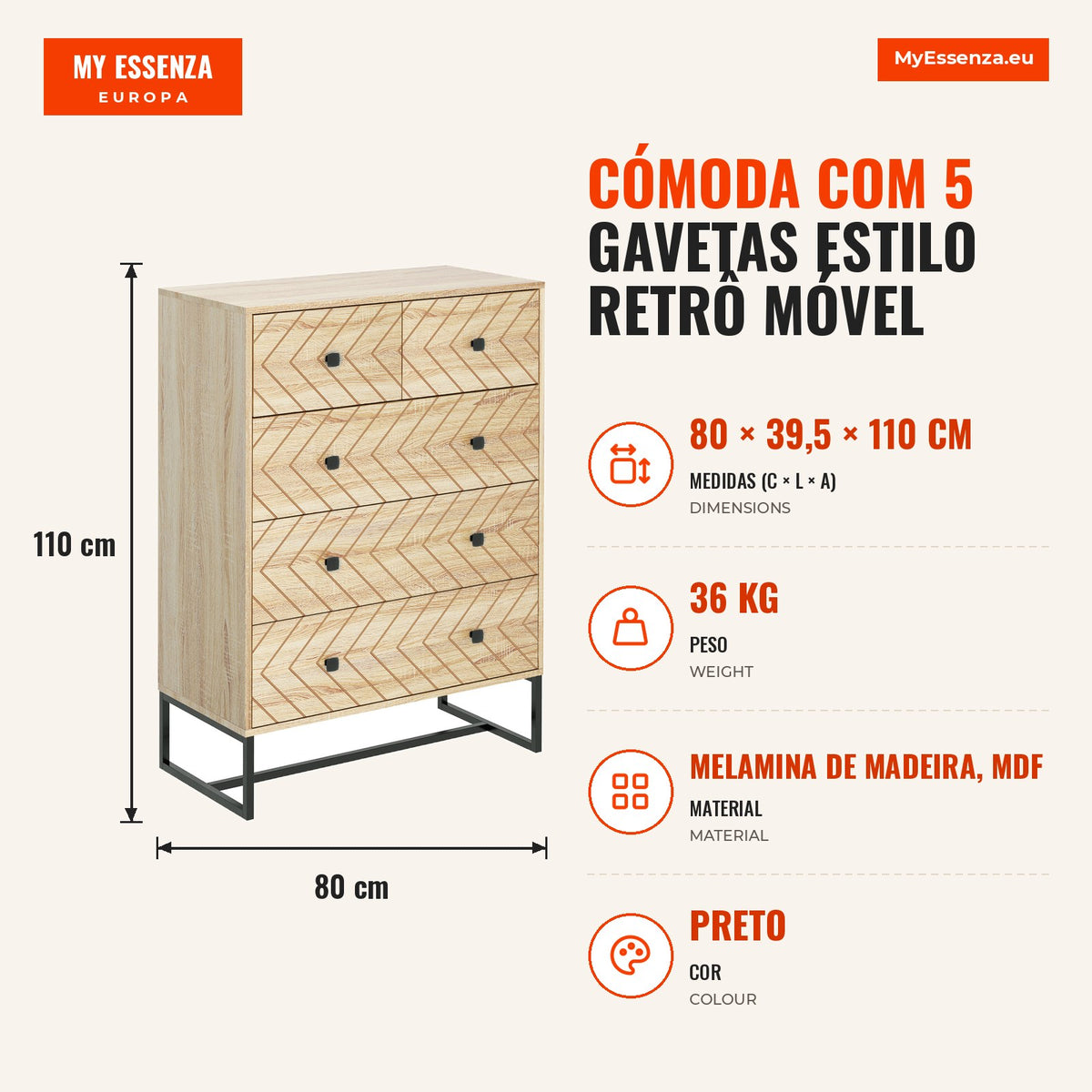 5-Drawer Retro Style Chest of Drawers Wooden Sideboard for Living Room Hallway 80x39.5x110 cm Wood and Black — Infografia PT (medidas)