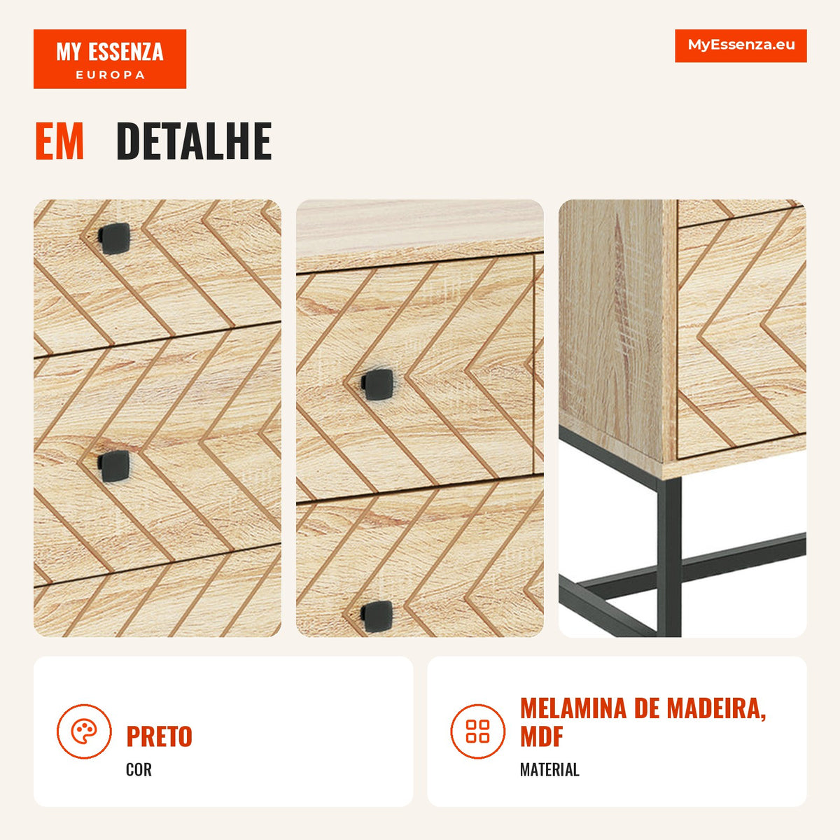 5-Drawer Retro Style Chest of Drawers Wooden Sideboard for Living Room Hallway 80x39.5x110 cm Wood and Black — Infografia PT (detalhe)