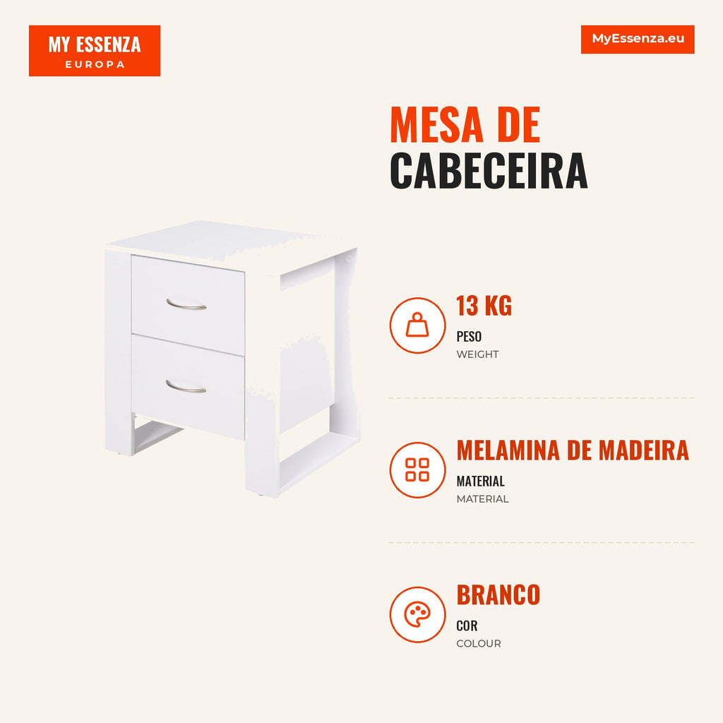 Mesa de Cabeceira com 2 Gavetas Pés e Base Elevada para Dormitório Mesa Lateral para Sala de Estar Estilo Moderno 48x39x — Infografia PT (medidas)