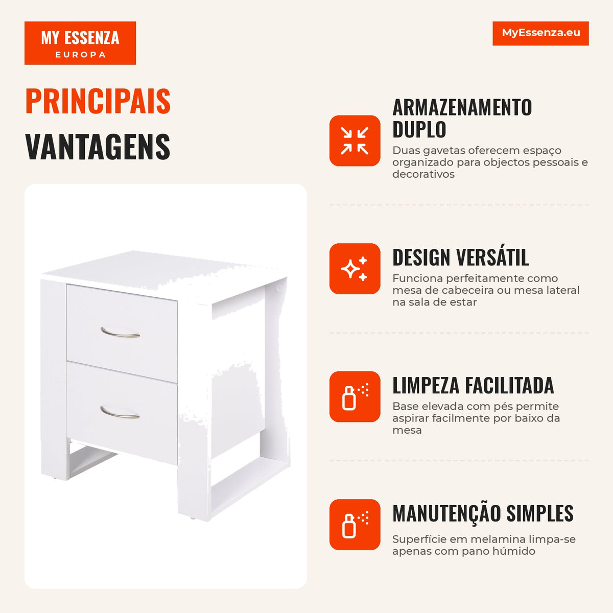 Mesa de Cabeceira com 2 Gavetas Pés e Base Elevada para Dormitório Mesa Lateral para Sala de Estar Estilo Moderno 48x39x — Infografia PT (vantagens)