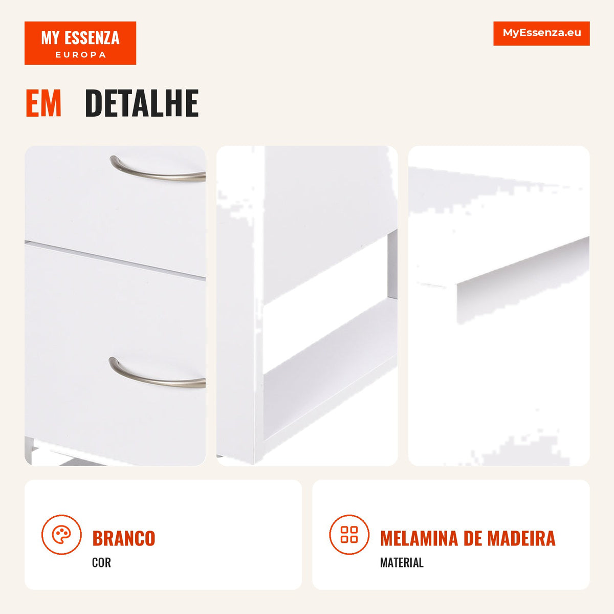 Mesa de Cabeceira com 2 Gavetas Pés e Base Elevada para Dormitório Mesa Lateral para Sala de Estar Estilo Moderno 48x39x — Infografia PT (detalhe)
